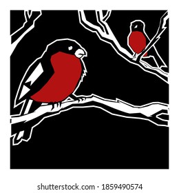 Bullfinches on a branch on a black background. Vector bird