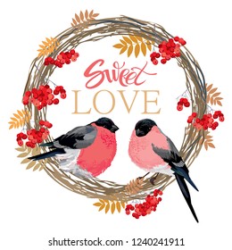 Bullfinches on a branch. Cute little birds. Can be used for Christmas decorations, posters, banners, sales, and other winter events.