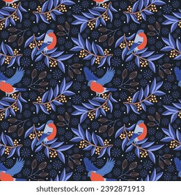 Bullfinches on branches, vector illustration, flat cartoon style, seamless pattern on a blue background