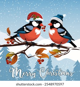 Bullfinches on a branch.Vector Christmas illustration with birds on a branch and text.