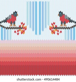 Bullfinches on rowan branches. Winter Scandinavian seamless knitted pattern. Abstract vector background. Retro textile collection. Red, black, white.