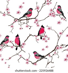 Bullfinches on the sakura branch seamless vector pattern, EPS10 file