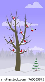 Bullfinches on the tree. Vector illustration, a flat style design.