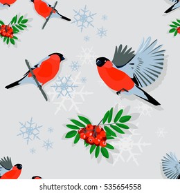 Bullfinches and Rowan tree in winter snow and frost
