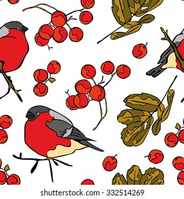 Bullfinches and rowan. Winter pattern. Vector seamless pattern (background).