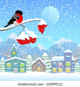 Bullfinches and town in winter. Template for Christmas card with place for your text. Vector. 
