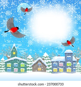 Bullfinches and town in winter. Template for Christmas card with place for your text. Vector. 