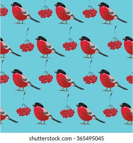 Bullfinches . Winter birds . Rowan. Vector. Stock illustration