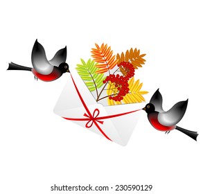 bullfinchs carry an envelope with the branch of wild ash,  vector  illustration