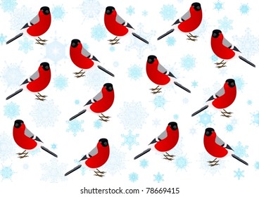 Bullfinch-winter birds on the background of the Snowflakes