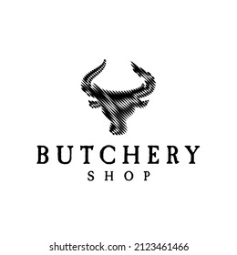 Bullhead butchery logo. Dual tone bull head silhouette. Barbeque logo
