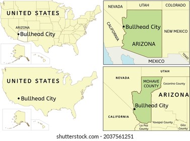 Bullhead City location on USA, Arizona state and Mohave County map