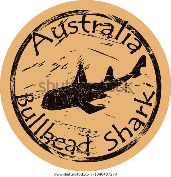 Bullhead shark silhouette icon vector round shabby\
emblem design, old retro style. Crested bullhead shark in full\
growth logo mail stamp on craft paper. Australian shark shape\
vintage grunge sign.