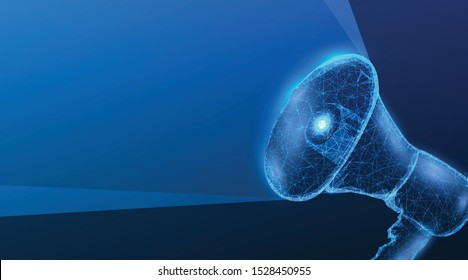 Bullhorn. 3d megaphone. Communication, announcement message, shout speech concept. Abstract Low Poly wireframe mesh design. On dark blue background. Vector Illustration