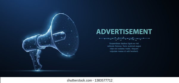 Bullhorn. Abstract vector 3d megaphone on blue background. Communication, announcement message, shout speech, warning alert concept. Promotion advertisement, marketing, propaganda information symbol.