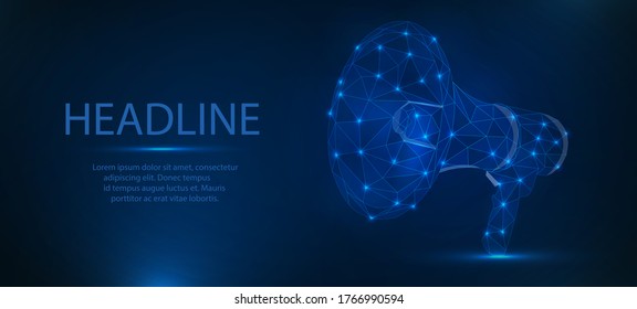 Bullhorn. Abstract vector 3d megaphone on blue background. Speakerphone, bullhorn, loud, notice, announcement, isolated, announcement shout speech, promotion advertisement, marketing, propaganda.