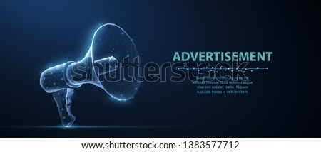 Bullhorn. Abstract vector 3d megaphone on blue background. Communication, announcement message, shout speech, warning alert concept. Promotion advertisement, marketing, propaganda information symbol.