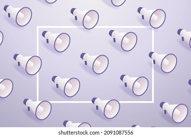 Bullhorn in background trendy very peri colors and Promotion advertisement 3d megaphone. isometric vector illustration.