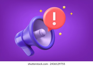 Bullhorn con signo de exclamación. Concepto de anuncio. ilustración vectorial 3d