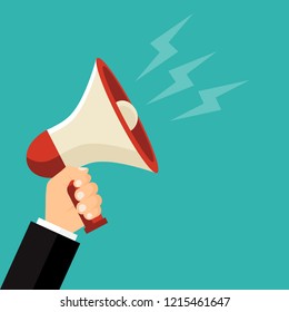 Bullhorn In Hand . Megaphone. Vector Illustration. Flat Design For Business Financial Marketing Banking Advertising Web Concept Cartoon Illustration.