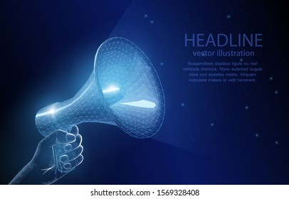 Bullhorn in hand on a dark blue background, a symbol of information, advertising, messages, sale, trade. Polygonal vector illustration concept.