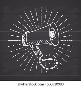 Bullhorn or megaphone, loudspeaker, Hand Drawn Sketch on retro vintage sunrays. Vector Illustration isolated on chalkboard background