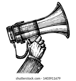 Bullhorn or megaphone, loudspeakerh a man holds in his hand  sketch. Vector hand drawn engraving imitation. Black and white Illustration isolated on a white  background. Scratch board style imitation.