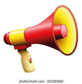Bullhorn or megaphone, red and yellow, with handle and on button. Illustration on white background.