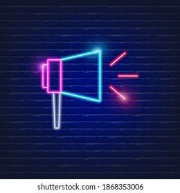 Bullhorn neon icon. Loudspeaker glowing sign. Vector illustration of business concept. 