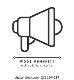Bullhorn pixel perfect linear icon. Promotional campaign. Marketing strategy. Product advertising. Thin line illustration. Contour symbol. Vector outline drawing. Editable stroke. Poppins font used
