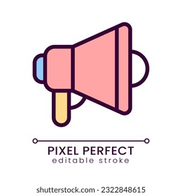 Bullhorn pixel perfect RGB color icon. Promotional campaign. Marketing strategy. Product advertising. Isolated vector illustration. Simple filled line drawing. Editable stroke. Poppins font used