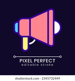 Bullhorn pixel perfect RGB color icon for dark theme. Promotional campaign. Marketing strategy. Public media. Simple filled line drawing on night mode background. Editable stroke. Poppins font used
