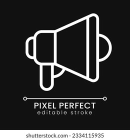 Bullhorn pixel perfect white linear icon for dark theme. Promotional campaign. Marketing strategy. Thin line illustration. Isolated symbol for night mode. Editable stroke. Poppins font used