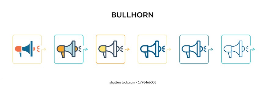 Bullhorn Vektorsymbol in 6 verschiedenen modernen Stilen. Schwarze, zweifarbige Stierhorn-Symbole, die in voller Umriss-, Linien- und Schlagstil entworfen wurden. Vektorgrafik kann für Web, Mobile, i