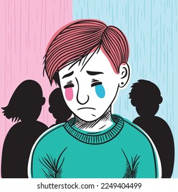 Bullied Child Conceptual Illustration of LGBTQ Rights, Social Intolerance. Ein Kind, das Opfer von Homophobie ist. Schikanierung und Cyberbullying in der Schule. Teenager weinen wegen Depression.