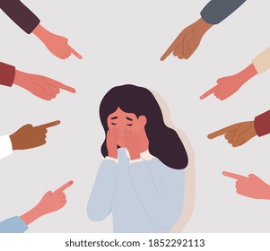 Bullied children concept with crying girl in the center of a ring of pointing fingers of other kids, colored flat cartoon vector illustration with fictional characters