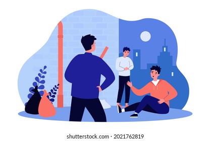 Bullies threatening scared boy in alleyway at night. Male character asking man holding tube to stop flat vector illustration. Bullying, violence concept for banner, website design or landing web page