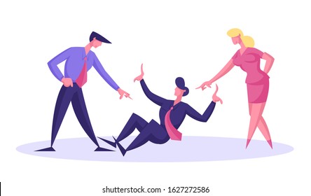 Bulling Dirty Tricks And Unfair Fight With Sneaky Colleague Concept. Office Life Situation With Weak Businessperson Sitting On Floor Under Pressure Of Angry Colleagues. Flat Vector Illustration