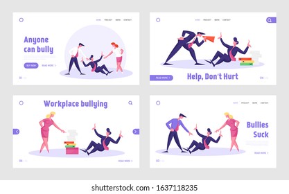 Bulling, Unfair Fight Website Landing Page Set. Businessman Sitting On Floor Trying To Protect Himself From Aggression Conflict Of Yelling Coworkers Web Page Banner. Cartoon Flat Vector Illustration