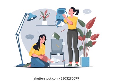 Bulling yellow concept with people scene in the flat cartoon design. Woman angry bullies a girl and spoils her own things. Vector illustration.