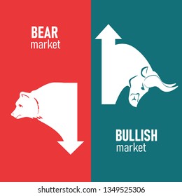 Bullish And Bearish Markets. Silhouette of a bull and a bear in front of trending arrows in between of them.