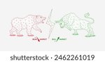 Bullish and bearish symbols of stock market trends arrow down and up. Red bear VS green bull shapes polygon facing each other. Analysis business strategy financial investment. Banner vector.