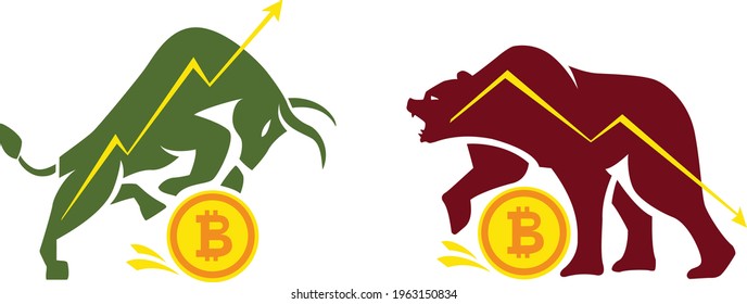 Bullish and bearish symbols. Stock market trends. Bulls and bears traders on a stock market. Players on Exchange. Vector Illustration. Bitcoin, Bull and bear on white background.