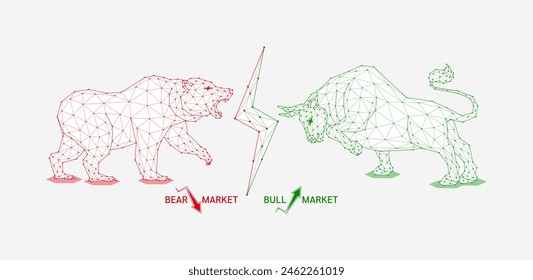 Bullish and bearish symbols of stock market trends arrow down and up. Red bear VS green bull shapes polygon facing each other. Analysis business strategy financial investment. Banner vector.