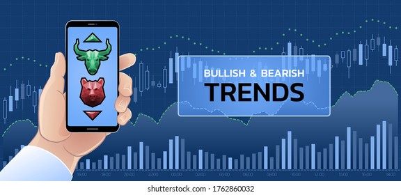 Bullish & Bearish Trends in Mobile App. A smartphone in a male hand which is showing pictograms of the Bullish and the Bearish trends on a screen and all of them are on background of trading diagrams.