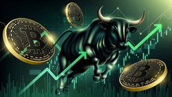 Bullish Bitcoin Market Concept with Charging Bull and Rising Cryptocurrency Chart, Symbolizing Positive Trend and Market Growth

