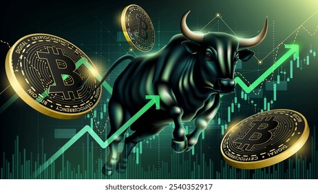 Bullish Bitcoin Market Concept mit Charging Bull und steigende Kryptowährung Chart, Symbolisierung positiver Trend und Marktwachstum

