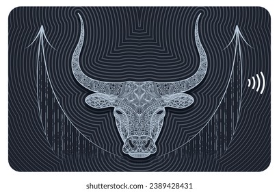 Bullish business of stock market trading. Bank card design with Bull head and arrows. Stock Marketing. Financial Investment. Suitable for debit or credit card, digital currency. Vector illustration