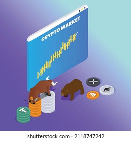 Bullish Crypto Currency Market Isometric 3d Vector Illustration Concept Banner, Website, Landing Page, Ads, Flyer Template