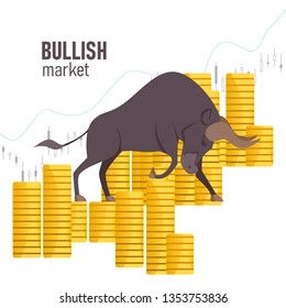 Bullish market. The chart and the indicator show an uptrend. Bull market on stock exchange. Bull among coins. Vector illustration.